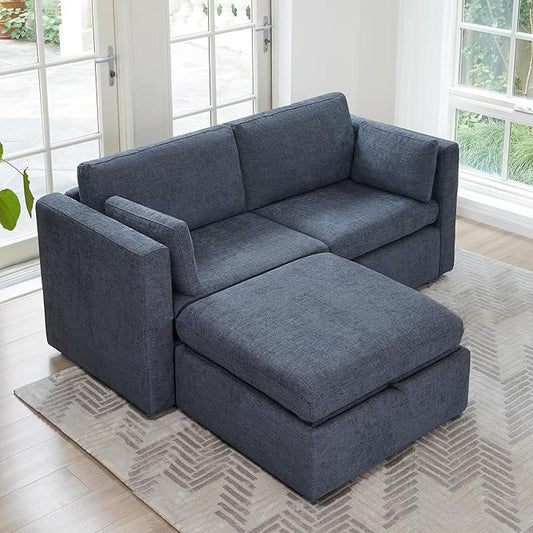 CHITA Modular Sectional Sofa, FSC Certified L Shaped Couch with Reversible Chaise, Modular Sectional Couch for Samll Space,78 Inch Width, 3 Seat Modular Sofa with Storage Ottoman, Blue