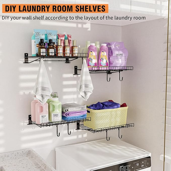 2 Pack Foldable Wall Shelf, Wall Mounted Garage Storage Shelves, Heavy Duty Wall Shelving Supports Up To 90 LBS. Floating Shelves With 4 Hooks Metal Storage Rack for Office, Kitchen and Laundry Room
