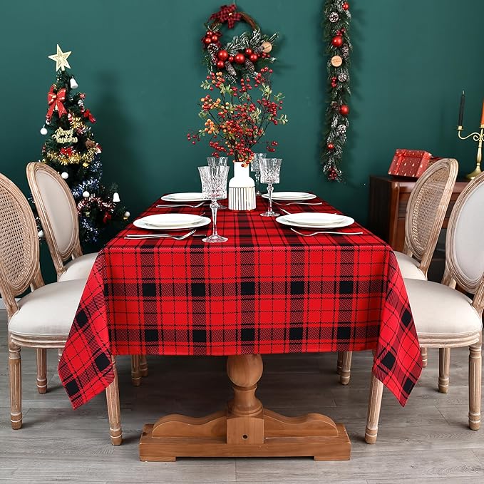 Gingham Xmas Tablecloth Fabric - Oblong 58x120 Water Resistant Christmas Plaid Table Cloth for Indoor/Outdoor Use - Red Tabletop Cover Perfect for Birthday, Picnics, Gardens