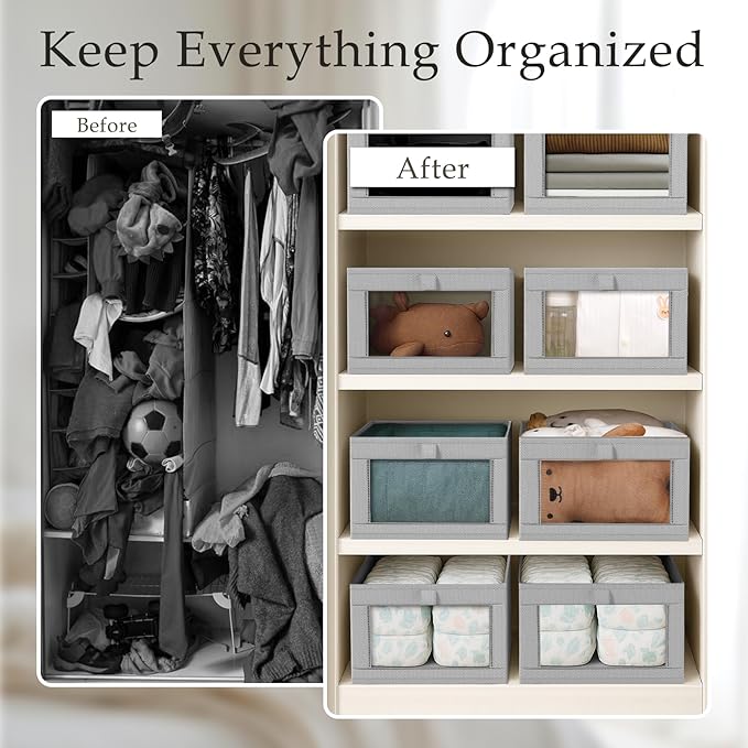 Criusia 6 Pack Linen Closet Organizers and Storage, Large Linen Closet Baskets for Organization, Foldable Storage Containers for Toys, Clothing, Towels, Jeans, Books, Shelves, Grey