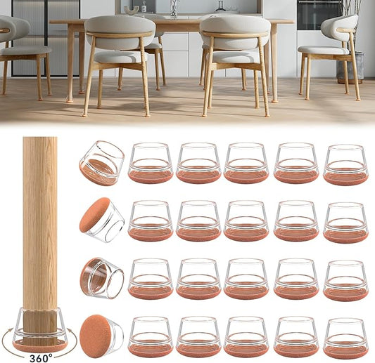24PCS Upgraded Silicone Chair Leg Floor Protectors for Hardwood Floors, Furniture Sliders for Chair Legs, 360°Felt Pad Bottom Wrapped Thickening Furniture Pads Cap Covers to Scratch and Reduce Noise