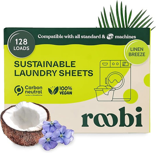 Roobi Laundry Detergent Sheets. Up to 128 Loads, Liquidless Detergent. Carbon Neutral, 100% Vegan & Sustainable Linen Breeze Scent.