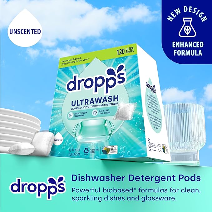 Dropps UltraWash Dishwasher Pods, Unscented (120 Count) - Biobased Power Deep Clean Dishwasher Detergent Tablets for Sparkling Shiny Dishes - No Rinse Aid or Pre-Wash Needed - Dishwashing Pods