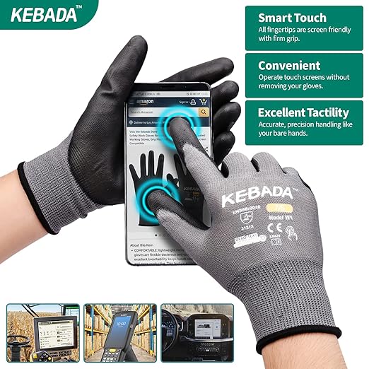 Kebada W1 Work Gloves for Men and Women, Touchscreen PU Coated Gloves with Grip, 50 Pairs Bulk Pack, Ideal for Warehouse Package Handling, Construction, Gardening, Gray Medium