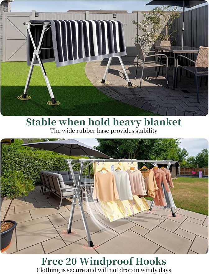 79 Inches Heavy - Duty Stainless Steel Folding Clothes Drying Rack - Indoor/Outdoor Use, Anti-Rust, 20 Windproof Hooks, Portable & Foldable (79'')