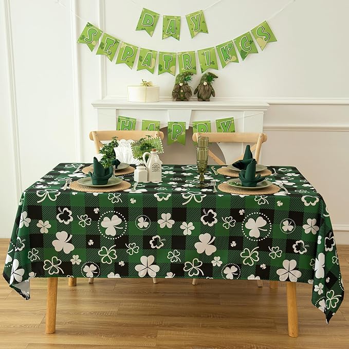 Green Waterproof Plaid St.Patrick Tablecloth Fabric - Square 58x58 Inch Classic Gingham Checker Holiday Table Cloth for Indoor Use - Lucky Shamrock Table Cover for BBQs, and Parties