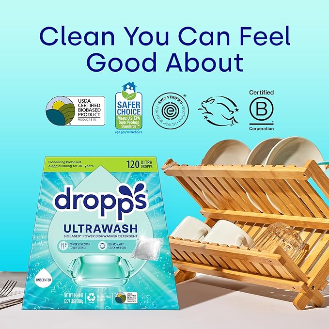 Dropps UltraWash Dishwasher Pods, Unscented (120 Count) - Biobased Power Deep Clean Dishwasher Detergent Tablets for Sparkling Shiny Dishes - No Rinse Aid or Pre-Wash Needed - Dishwashing Pods