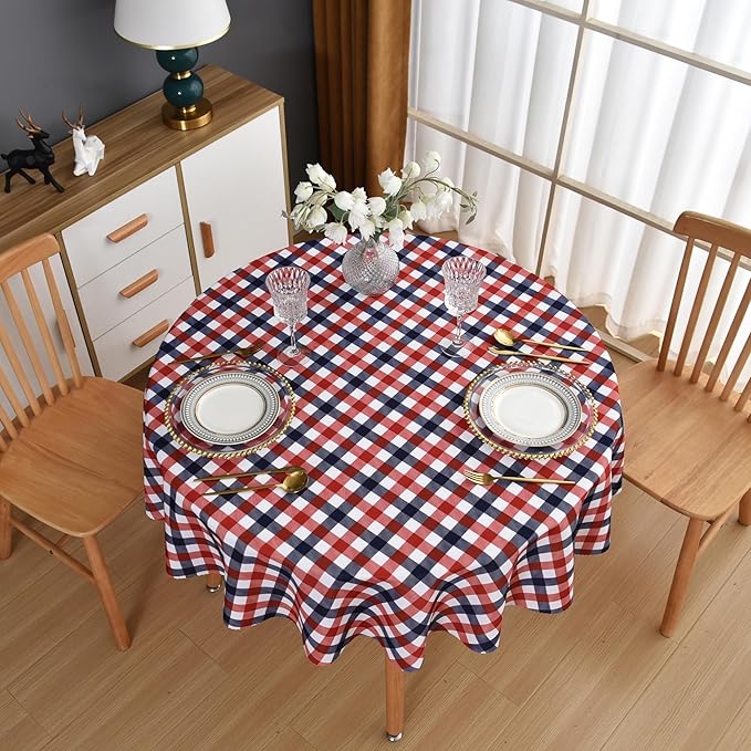 Waterproof Plaid Tablecloth Fabric - Round 50 Inch Classic Gingham Checker Table Cloth for Indoor/Outdoor Use - Buffalo Table Cover for Picnics, BBQs, and Parties