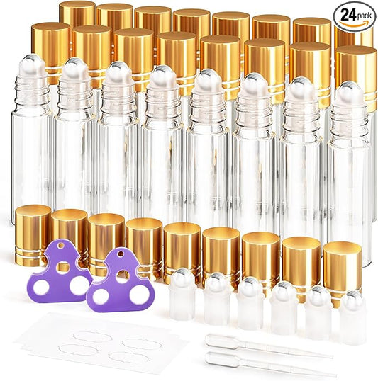 ULG 24-Pack Essential Oil Roller Bottles 10ml, Empty Bottles with Stainless Steel Roller Balls and Waterproof Labels, Clear Roller Balls For Essential Oils