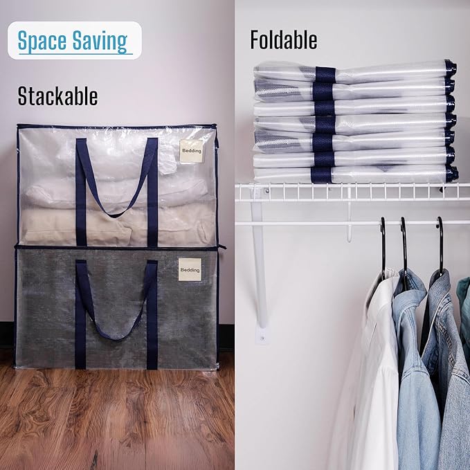 VENO 8 Pack Moving and Storage Bags, Heavy Duty, Alternative to Moving Boxes, Large Packing Totes Supplies for College Dorm Room with Zipper for Clothes, Wide Open Design (Clear, 8 Pack)