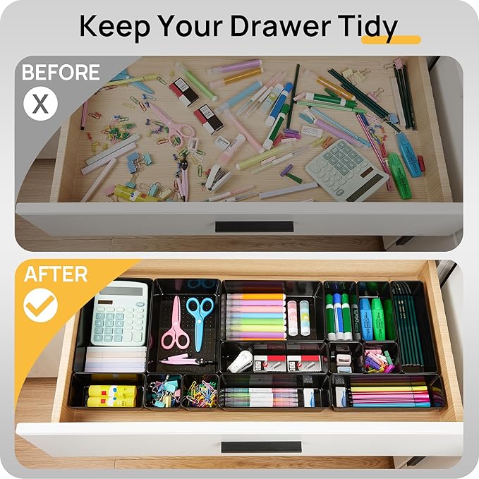 Vtopmart 44 PCS Plastic Drawer Organizers Set, 4-Size Versatile Bathroom and Vanity Organizer Trays, Non-Slip Storage Containers for Makeup, Jewelries, Bedroom，Kitchen Utensils and Office, Black