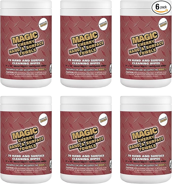 Magic Cherry Scented Heavy Duty Cleaning Wipes - Dual Sided Hand & Surface Shop Towels | Professional-grade Cleaning | Waterless | Cleans Grease, Oil, Dirt, & more (6 Pack | 420 Sheets Total)