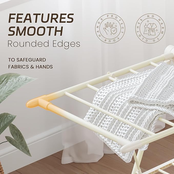 GameGem Clothes Drying Rack, Drying Rack Clothing, Foldable Laundry Drying Rack with 3 Heights-Adjustable, Sturdy Carbon Steel & Anti Slip Feet, Indoor Outdoor Use, Cream White