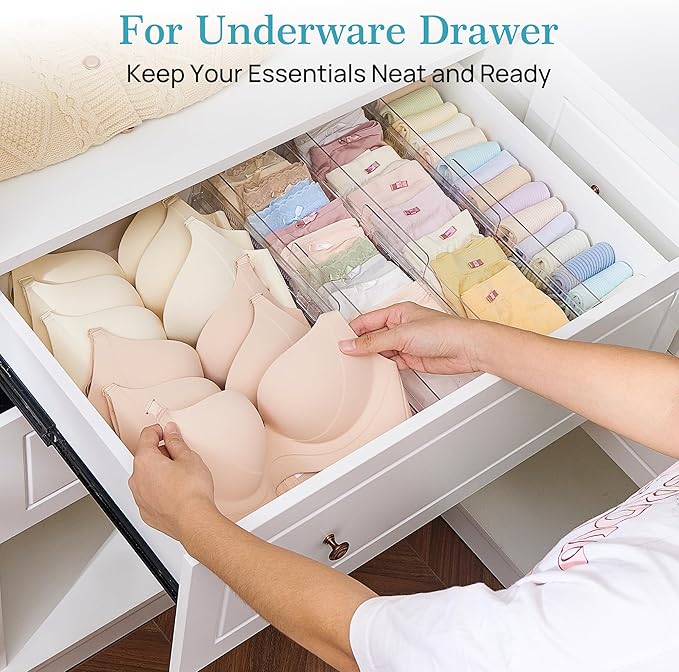 Vtopmart 18 Pack Drawer Dividers for Clothes, 4" High 10.2"-16.6" Adjustable Expandable Dresser Drawer Organizer, Clear Plastic Separators for Dresser, Baby Clothing, Underwear, Cosmetic, Toiletries