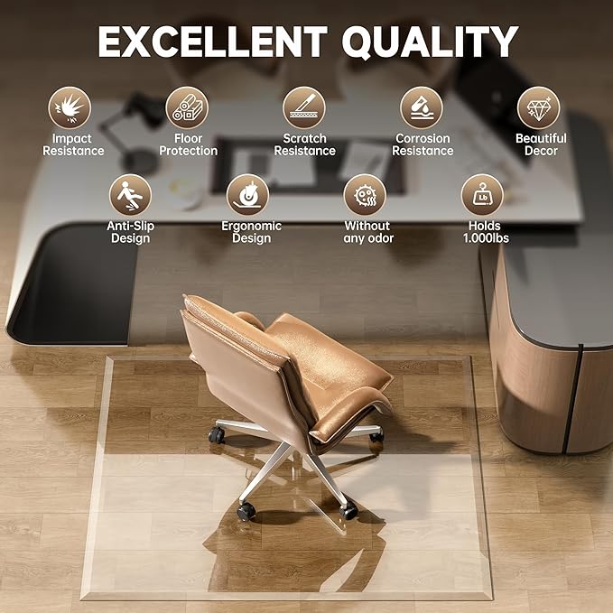[Tempered Glass] 47“ x 40” Beveled Edge Glass Chair Mat with Polished Edge Clear Office Chair Mat, Glides Smoothly, Suitable for Carpet or Hardwood Floors