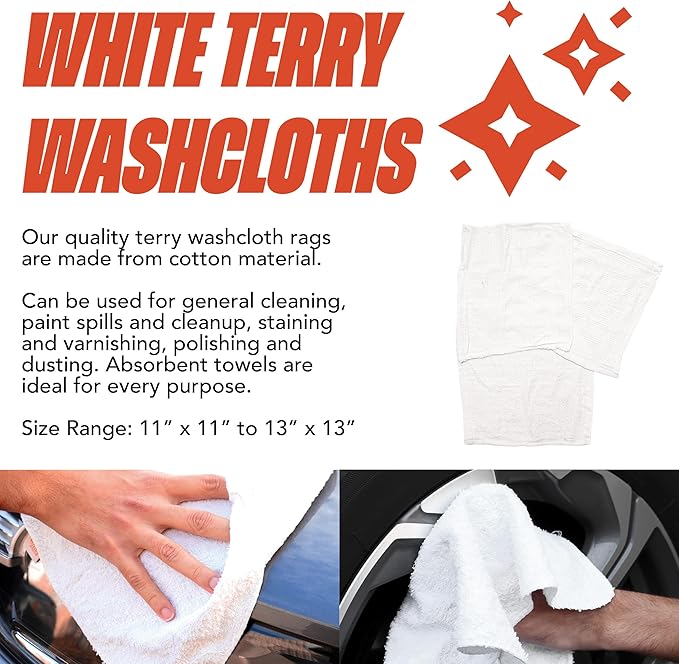 Arkwright W11 Terry Cloth Towels for Cleaning - Case of 4 - Soft Cotton Blend Washable Multi-Purpose Bar Mop, Absorbent & Quick Dry, Bulk Bag of Rags for Kitchen, Auto Shop, and Garage, 10 lb, White