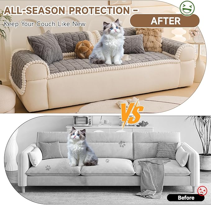 OTOB Couch Cover for Dogs Washable Pet Friendly, Non Slip Plush Funny Fuzzy Loveseat Sofa Cushion Slipcovers, All Seasons Geometric Jacquard Soft & Cozy Pet Bed Mat Protector (Gray, 27.6" x 47.2")