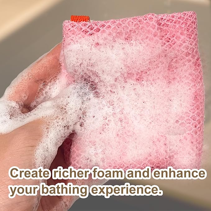 2 Pack Soap Bag Deep Roughness,Bar Soap Pouch Saver Pocket,Body Scrubber Shower Sponge Loofah,Exfoliating Bath Sponge (Pink)