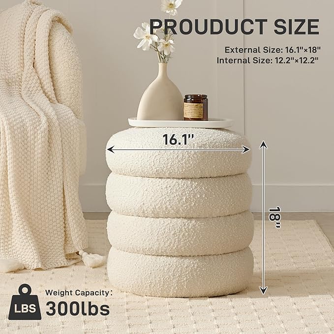 Round Ottoman with Storage Boucle Ottoman Stool with Storage Removable Lid for Living Room Modern Vanity Sorage Stool Foot Rest Bedroom Dorm Gifts Set of 2 (White)