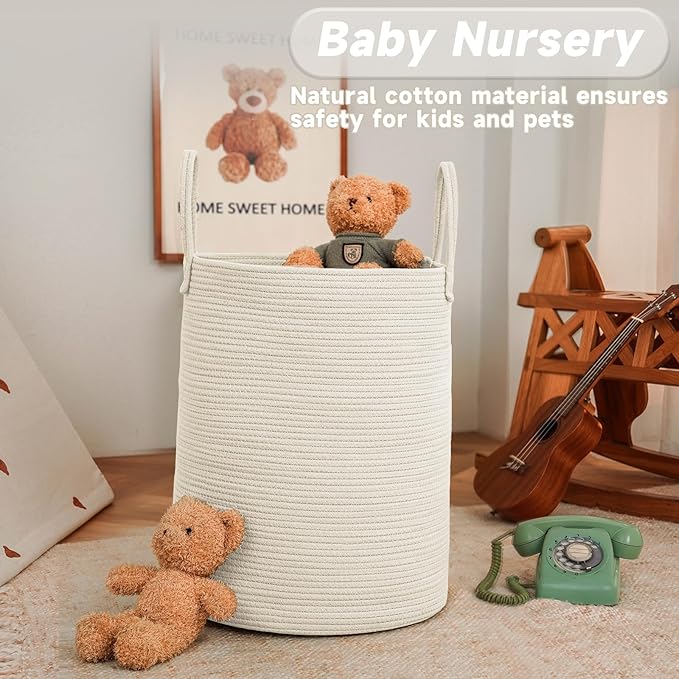 Large Woven Laundry Basket Hamper,60L Cotton Rope Storage Bin for Blankets,Toys and Clothes,Decorative Tall Nursery Hamper for Living Room,Baby Nursery,Bathroom and Bedroom,White