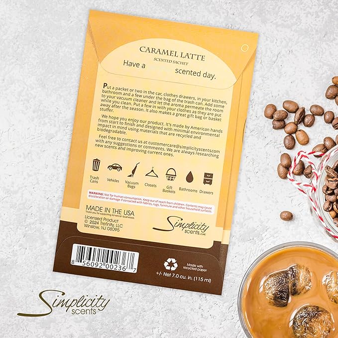 Floral Simplicity Caramel Latte Scented Sachets Pack of 6, Fall & Winter - Long-Lasting Scented Bags, Home Fragrance, Air Freshener & Deodorizer for Closet, Room, Drawer, or Cars, Made in The USA
