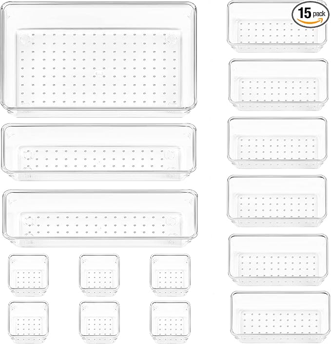 Vtopmart 15 PCS Clear Plastic Drawer Organizers Set, 4-Size Versatile Bathroom and Vanity Organizer Trays, Non-Slip Storage Containers for Makeup, Jewelries, Bedroom，Kitchen Utensils and Office