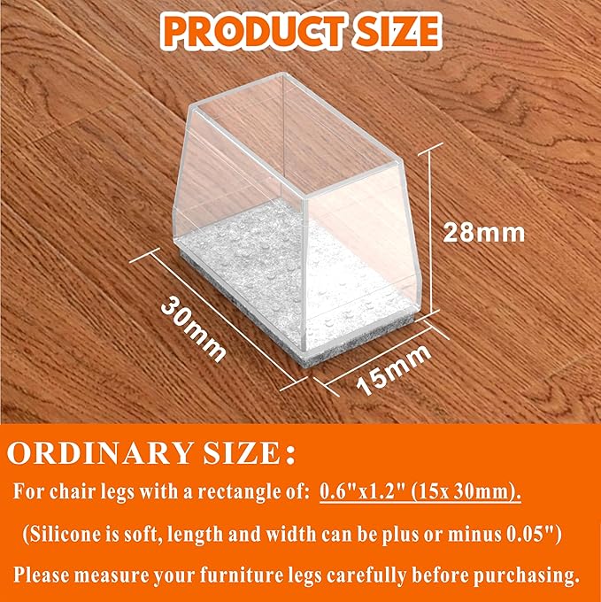 Rectangle Chair Leg Protectors for Hardwood Floors,16 PCS Silicone Covers to Protect Wood Tile Floors Felt Pads Furniture Leg Caps Reduce Noise. Easy to Move.(Clear,0.6 x 1.2 Inch,Rectangle)