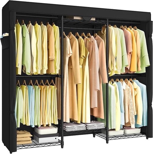 SONGMICS Heavy-Duty Clothes Rack, Garment Rack, Portable Closet, 68.7-Inch Wide Clothing Rack with Adjustable Mesh Shelves and Hanging Rails, Ink Black ULGR435B01