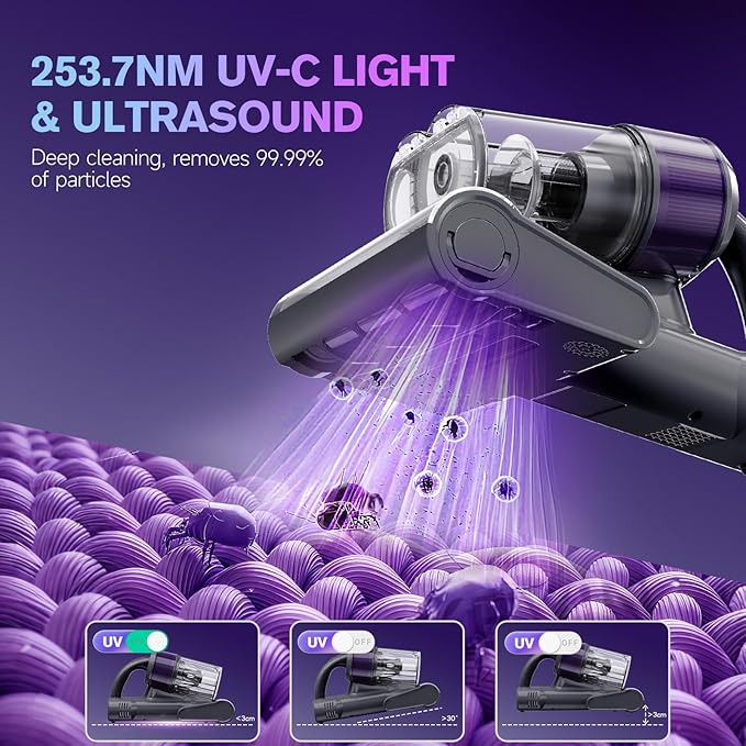 Mattress Vacuum Cleaner, 18Kpa Handheld Bed Vacuum Cleaner with 253.7nm UV-C Light, HEPA Filter & Ultrasoni, 150℉ Heat, Smart Dual Cup, and One-Click ash Removal for Bed, Sofa(Gray)