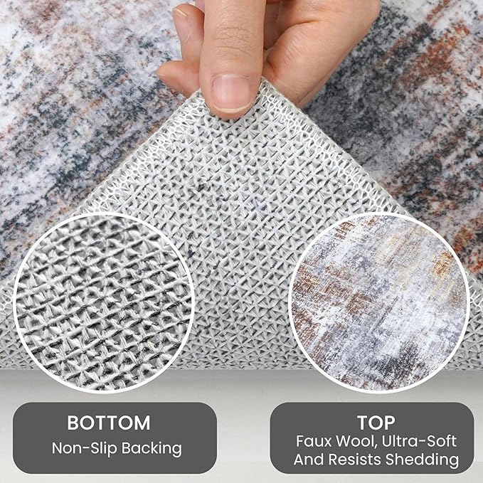 IOHOUZE Abstract Area Rug 3x5 Ft Washable Rugs for Entryway Indoor, Non Slip Kitchen Rug Printed Faux Wool Throw Rugs, Indoor Door Mat for Door Entrance Foyer Living Room, Orange Grey