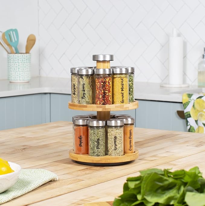 Orii 16 Jar Spice Rack with Spices Included - Rotating Countertop 2 Tier Tower Organizer for Kitchen Spices and Seasonings, (Bamboo Wood)