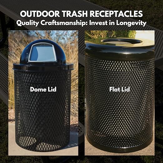 COATEDOUTDOORFURNITURE RFT-P-TXTGRY Heavy Duty Round Trash Receptacle with Flat Top, Liner Included, 32 Gallon, Textured Grey, Made in America