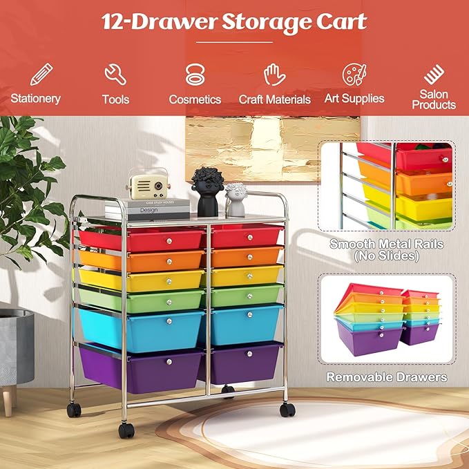 GOFLAME 12-Drawer Rolling Storage Cart, Multipurpose Organizer Cart with 2 Sizes Plastic Drawers, Mobile Utility Cart with Lockable Casters for School, Home Office, Beauty Salon, Multicolored