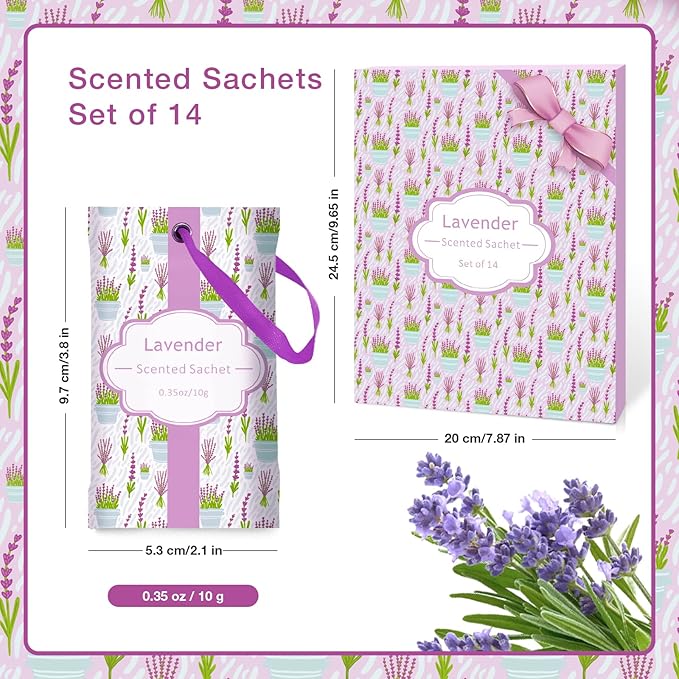 SCENTORINI Lavender Sachets for Drawers and Closets, Long-Lasting Sachets Bags, Pack of 14, Home Fragrance Sachet for Wardrobe, Closet, Drawer