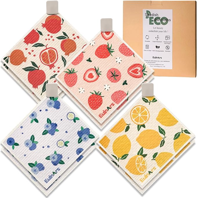 Swedish Dishcloths for Kitchen, 8 Pack Reusable Paper Towels with Clips, Non-Scratch Swedish Dish Towels, Super Absorbent Cellulose Sponge Cloths, Eco Friendly Gifts