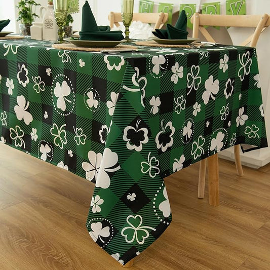 Saint Patricks Day Classic Buffalo Shamrock Tablecloth Fabric - Oblong 58x144 Inch Water Proof Checkered Table Cloth for Indoor Outdoor - Irish-Themed Gifts Table Cover for Holiday, Party
