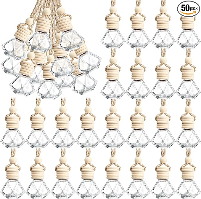 BBTO 50 Pcs Hanging Car Air Freshener Car Diffuser Bottles Empty Glass Perfume Bottle Freshener Diffuser Bottle Pendant for Essential Oil Fragrance Aromatherapy Bottle Ornament(Rhombus)