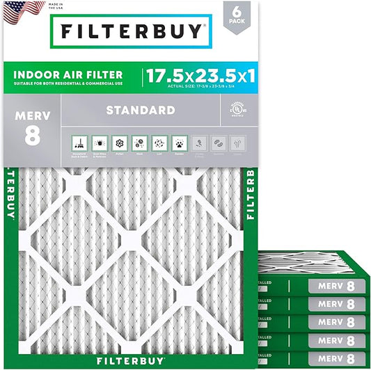 Filterbuy 17.5x23.5x1 Air Filter MERV 8 (MPR 700) Dust Defense Replacement (6-Pack), Electrostatic Pleated HVAC AC Furnace Filters, Made in USA (Actual Size: 17.38 x 23.38 x 0.75)