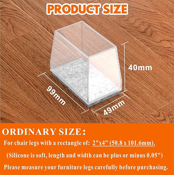Rectangle Chair Leg Protectors for Hardwood Floors,16 PCS Silicone Covers to Protect Wood Tile Floors Felt Pads Furniture Leg Caps Reduce Noise. Easy to Move. (Clear,2 x 4 Inch, Rectangular)