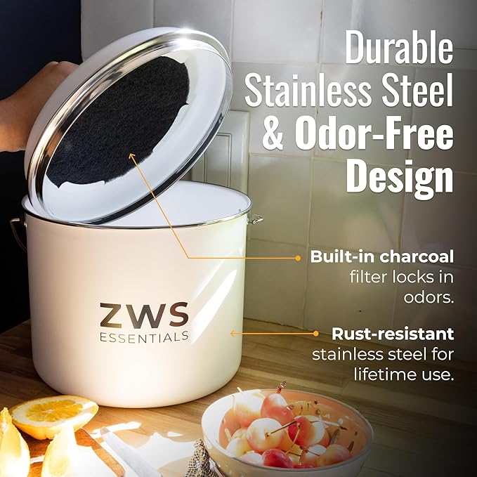 White Stainless Steel Compost Bin | 6.5L Odor-Free Kitchen Countertop Food Scrap Pail with Charcoal Filter | Compact Zero Waste Solution for Home and Apartment Kitchens