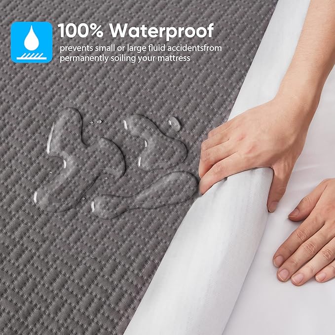 Hanherry 100% Waterproof Mattress Protector King Size - Grey, Mattress Cover 3D Air Fabric Cooling Mattress Pad Cover Smooth Soft Breathable Noiseless, 8''-21'' Deep Pocket