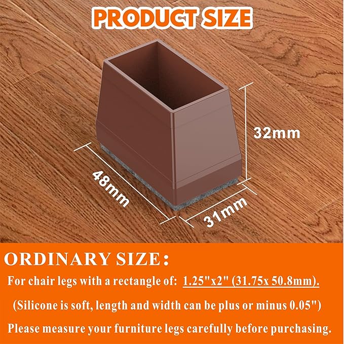 Rectangle Chair Leg Protectors for Hardwood Floors,16 PCS Silicone Covers to Protect Wood Tile Floors Felt Pads Furniture Leg Caps Reduce Noise. Easy to Move.(Brown,1.25 x 2 Inch,Rectangle)