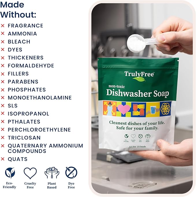Truly Free Dishwasher Detergent Powder | Natural Dish Detergent, Dishwasher Soap | Plastic Free, Plant-Based, Clean, Heavy Duty Hard Water Stain & Grease Remover | Fragrance Free | 12.5 oz (Pack of 2)