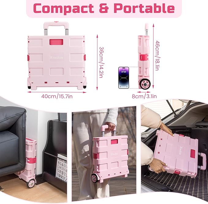 Foldable Rolling Cart on Noiseless Wheels: Portable Utility Cart for Grocery Books File Office (Pink)