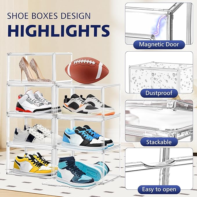 12 Pack Shoe Organizer Clear Plastic Stackable Shoe Storage Boxes with Magnetic Lid Acrylic Display Case Shoe Sneaker Rack for Closet,Fit up to US Size 12