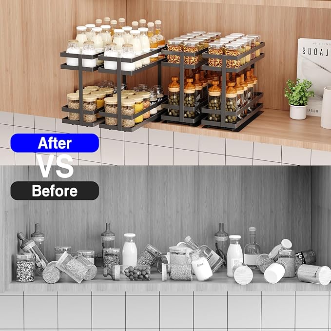 2 Pack Pull Out Spice Rack Organizer for Cabinet, 2 Tier Metal Slide Out Seasoning Organizer and Storage Heavy Duty Vertical Spice Rack Shelf Pullout for Kitchen Cabinets No Drilling (Black)