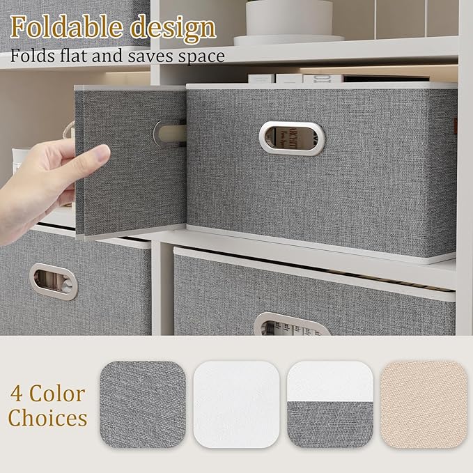 Yawinhe Fabric Storage Baskets, Foldable Closet Organizer for Shelves, Large Boxes with 3 Handles, Canvas Bins for Clothes, White/Grey, 12.99''Lx9.05''Wx7.87''H, 2-Pack