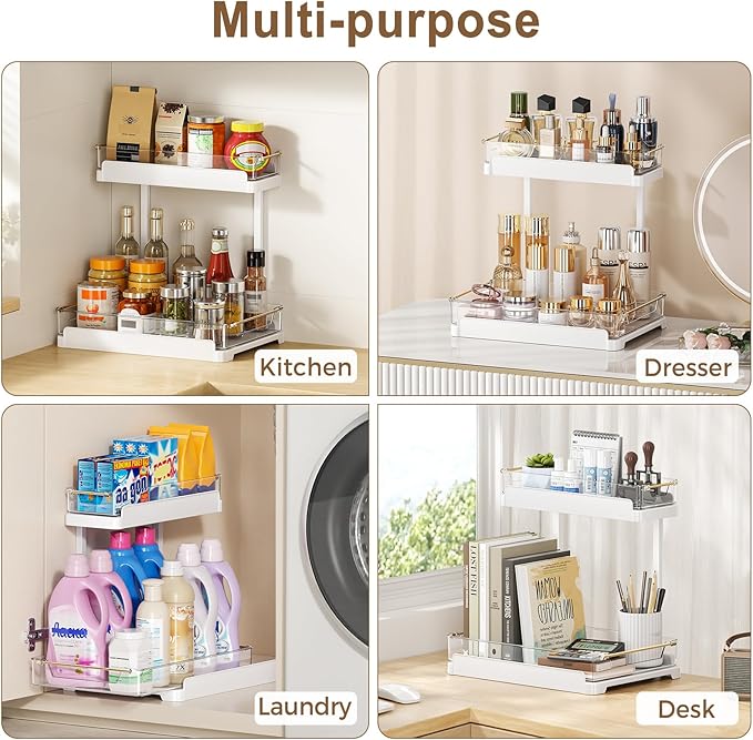 heart & home 2-Pack Under Sink Storage Organizer for Kitchen & Bathroom Cabinets with Removable Washable Tray, Tool-Free Assembly – Multi-Purpose for Countertop, Laundry & Vanity, White