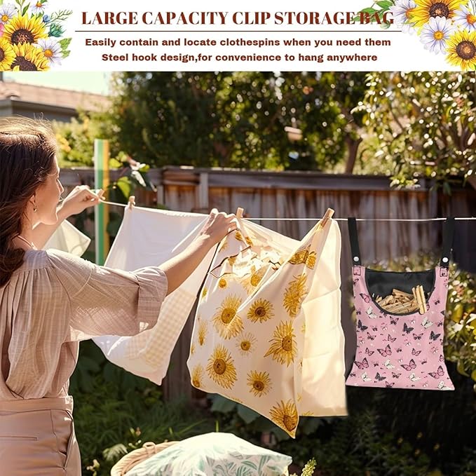 Butterfly Print Clothes Pin Hanging Bag, Stylish Clothespin Bag with Hanging Rope Clothes Pins Bag Holder Outdoor for Clothespin