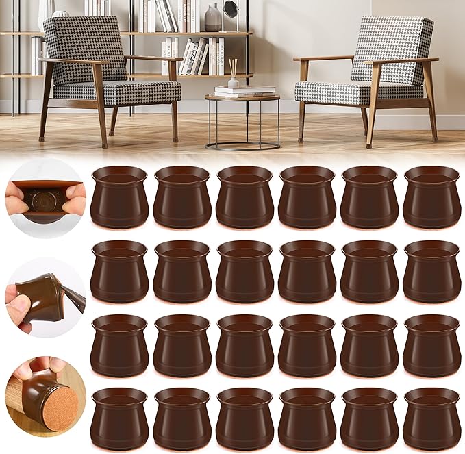 24PCS Upgraded Silicone Chair Leg Floor Protectors for Hardwood Floors, Furniture Sliders for Chair Legs, Felt Bottom Furniture Pads, Anti-Slip Round&Square Cap Covers to Scratch and Reduce Noise